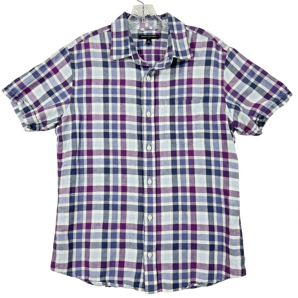 Banana Republic Button Down Shirt Mens Medium Purple Blue Plaid Linen‎ Cotton SS